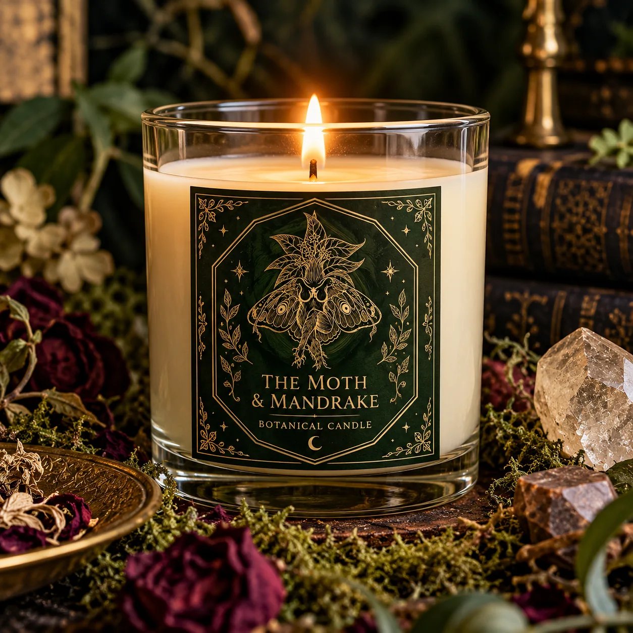The Moth and Mandrake candle digital mockup